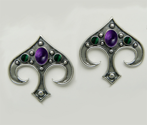 Sterling Silver Gothic Inspired Drop Dangle Earrings With Amethyst And Malachite